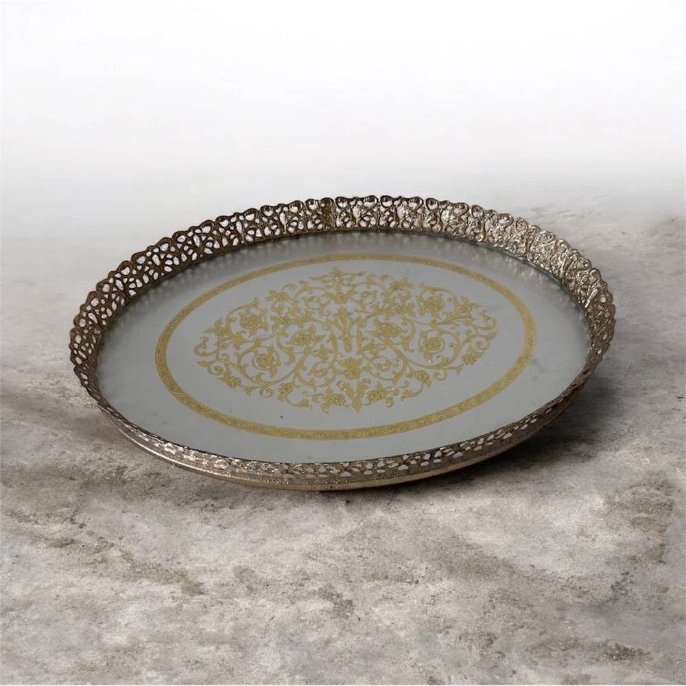 VTG Gold Metal and Glass Ornate Vanity Tray Floral MCM Hollywood Regency Oval